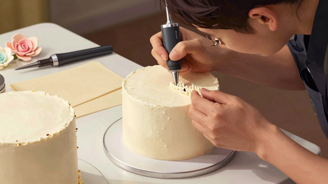 A cake decorator carefully applying fondant and piping details to a foam cake tier.