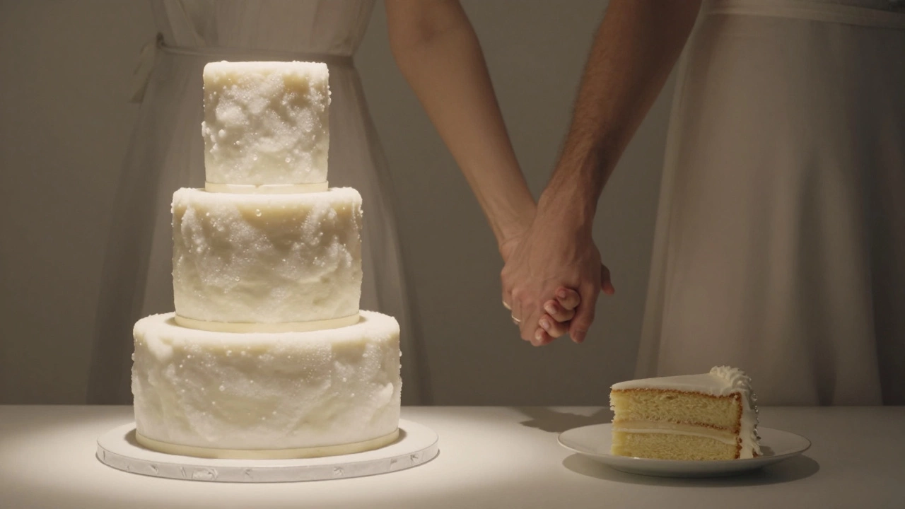 A couple beside their wedding cake, with real slice nearby and mock tiers glowing under light.