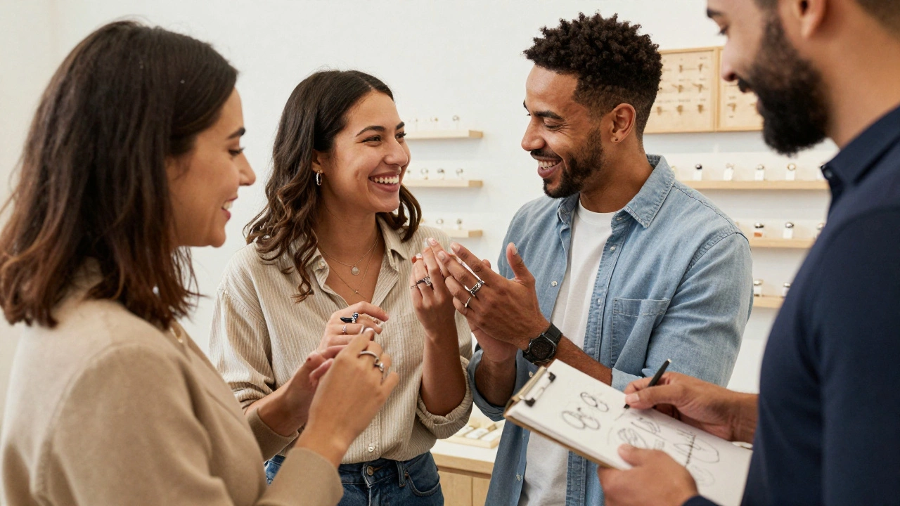 A couple laughs while trying on different wedding rings in a boutique, surrounded by diverse band styles.
