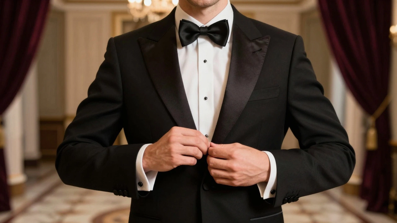 A groom in a black tuxedo adjusts his hand-tied black bowtie under a chandelier in a formal ballroom.