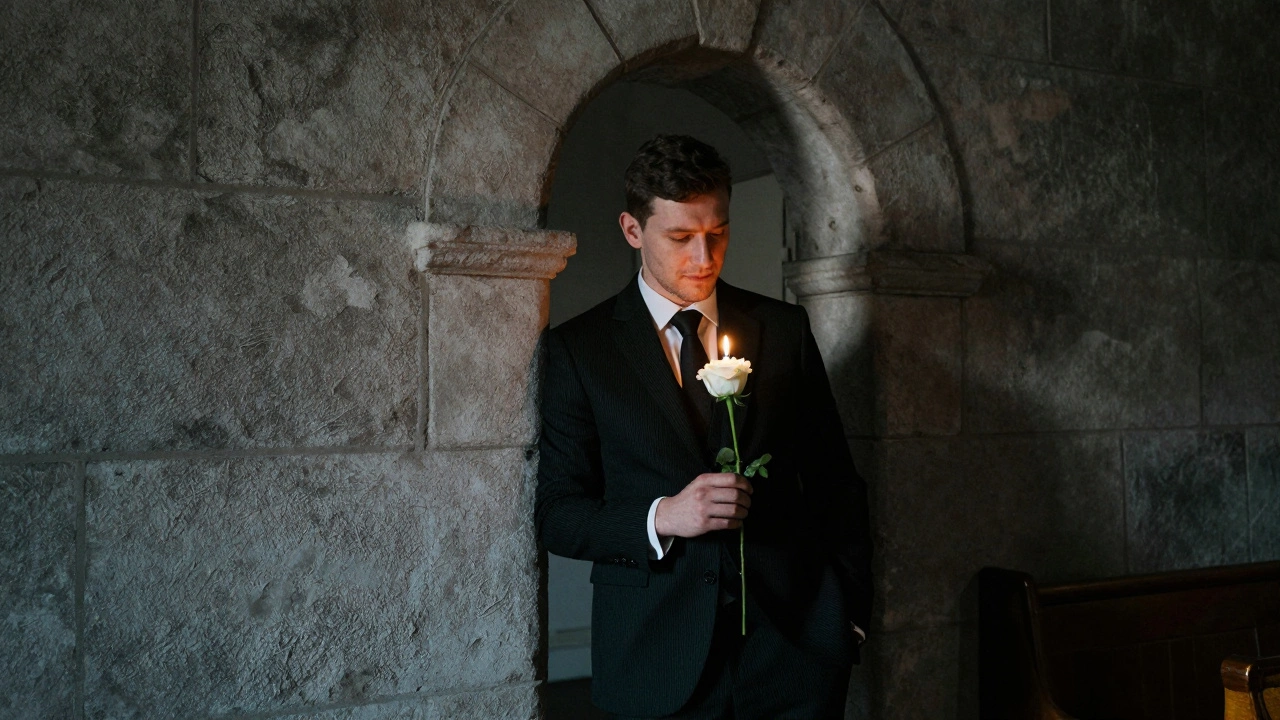 A groom in a pinstripe black suit holds a white rose in a converted chapel, lit by candlelight.