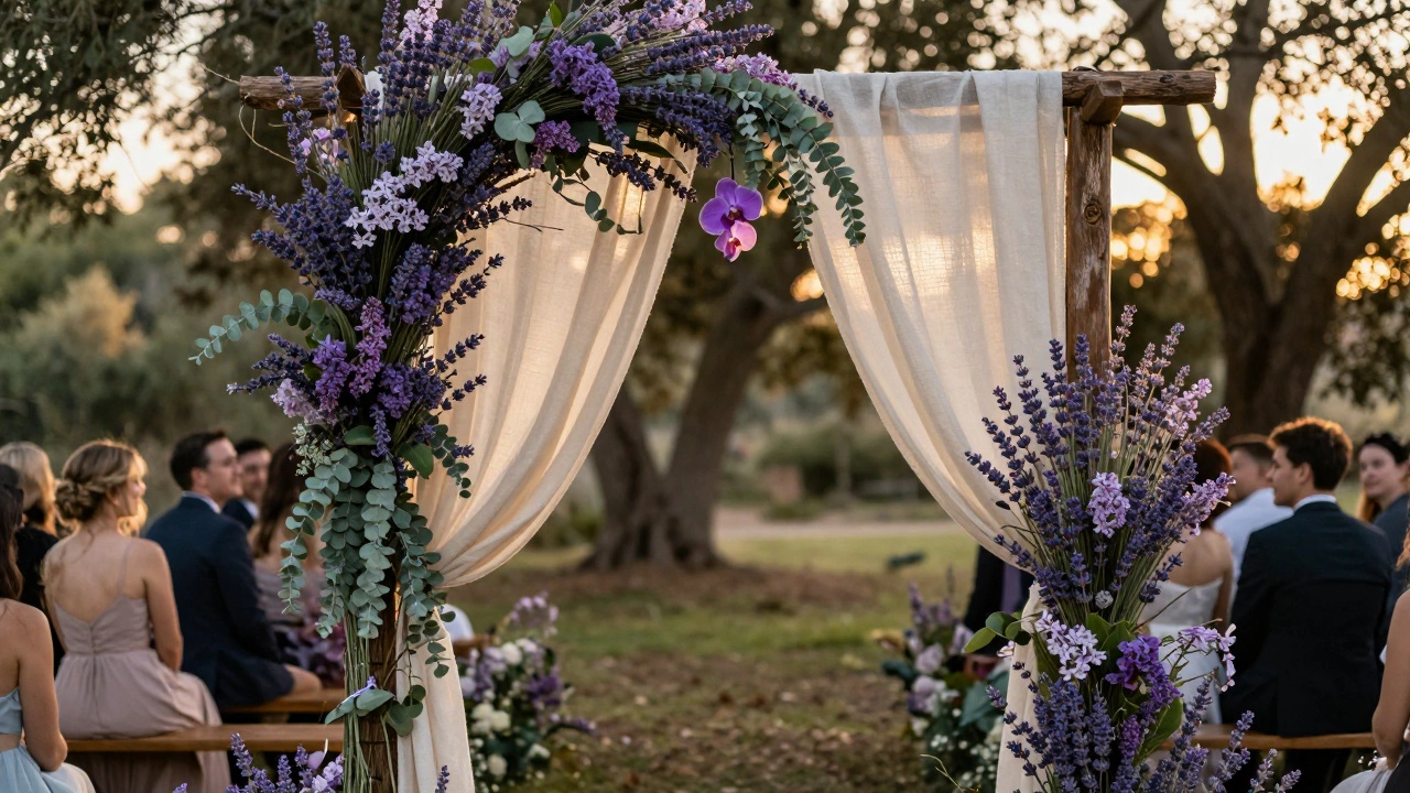 A rustic wooden arch woven with lavender, lilac, and eucalyptus, bathed in golden dusk light.
