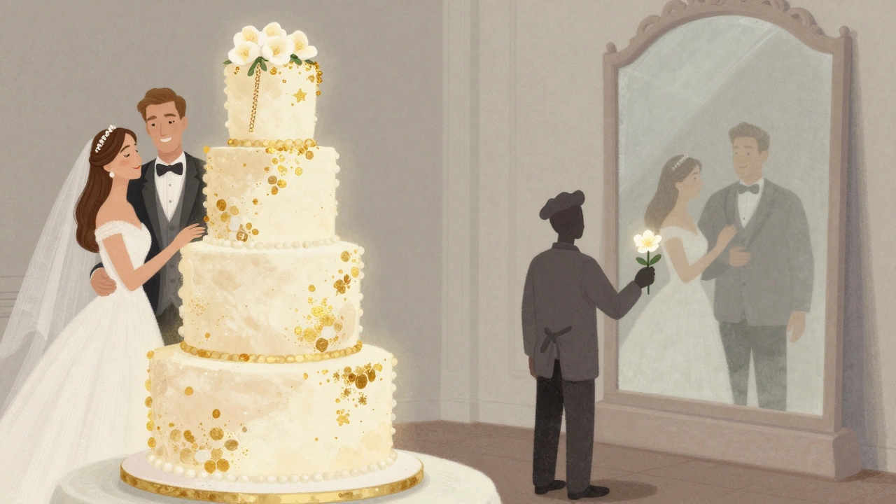 A symbolic split scene: a lavish wedding cake beside a quiet cake maker holding a sugar flower, their reflection highlighting their unseen labor.