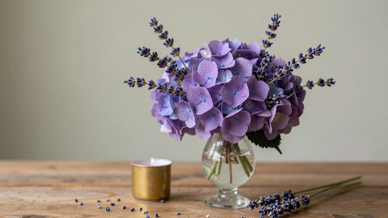 A vintage vase holding purple lavender, stock, and hydrangeas with gold candle and dried buds on wood.