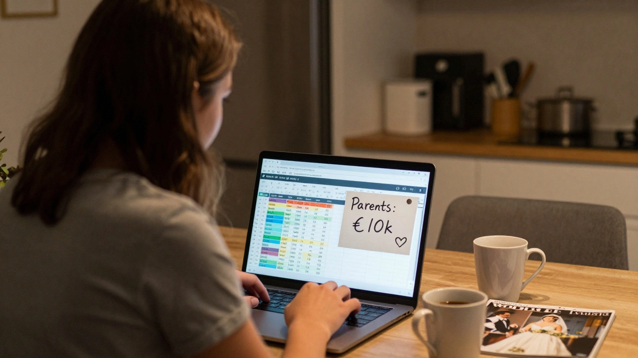 A young couple reviewing a wedding budget spreadsheet on a laptop at home, with coffee and a magazine nearby.