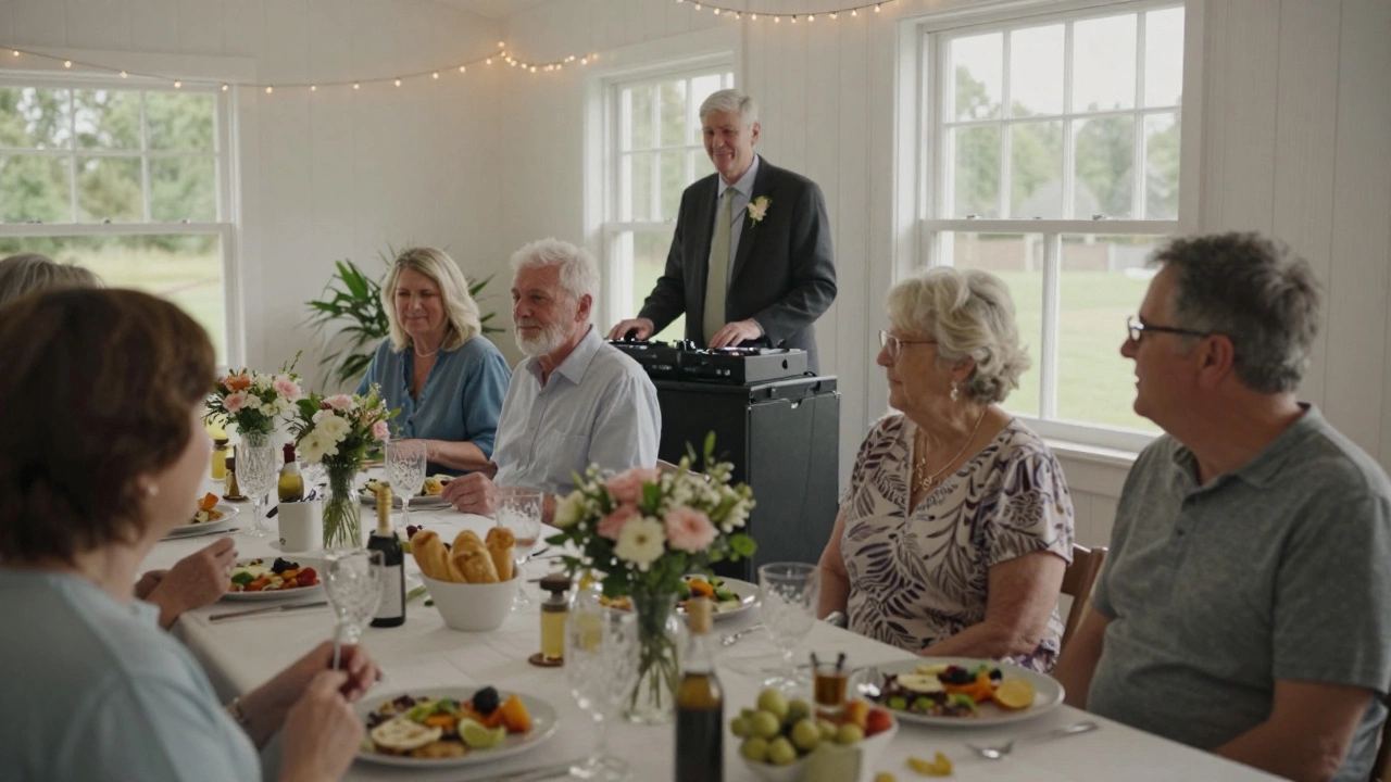 An intimate wedding reception in a community hall with DIY decor, potluck food, and a DJ, parents watching proudly.