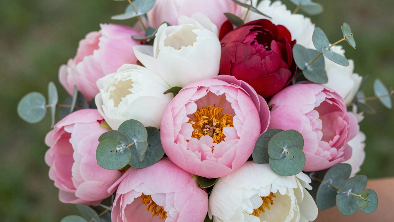 Bridal bouquet with pink, white, and red peonies and eucalyptus greenery