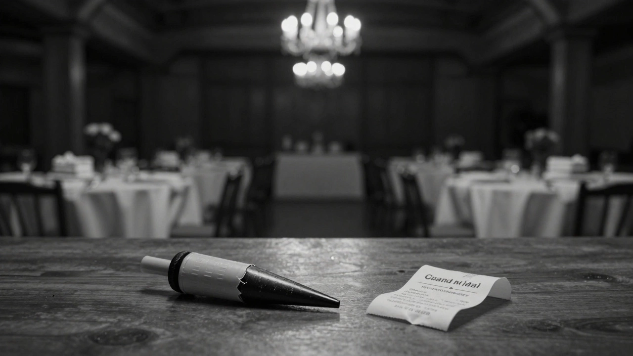 Empty reception tables with untouched cake slices and a single cracked piping tip on the floor, evoking unseen artisan labor.