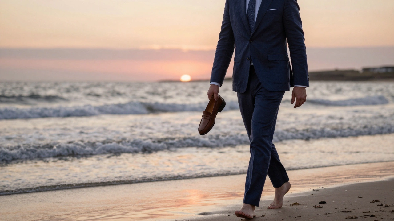 Groom in navy linen suit walking barefoot on a beach at sunset, holding loafers.