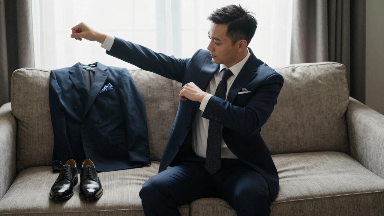 Groom testing suit fit at home, jacket on, shoes and pocket square nearby in natural light.