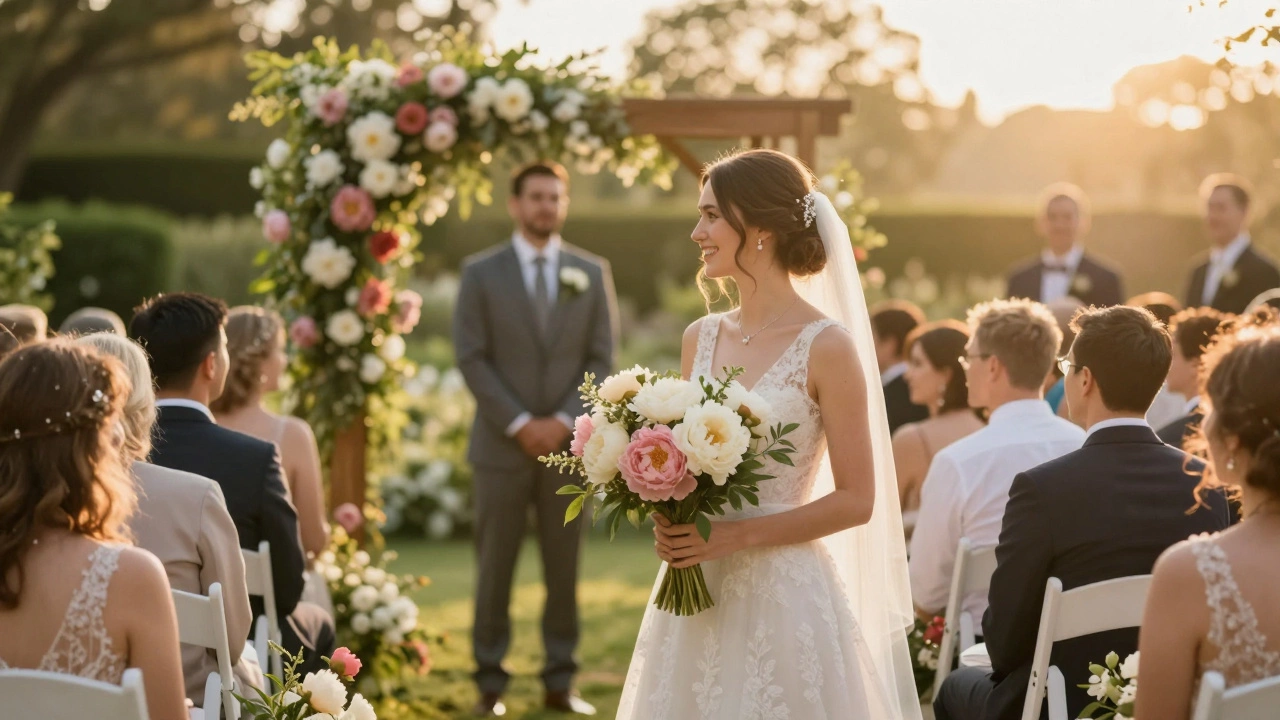 Sunlit summer wedding with peonies in centerpieces and bride's bouquet