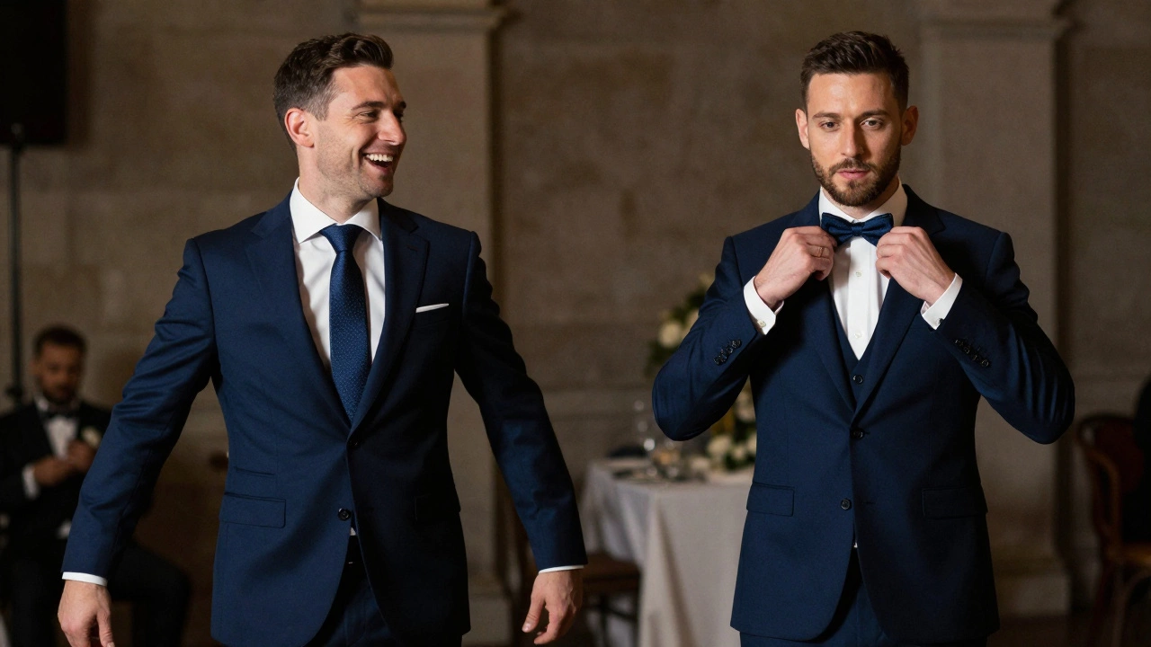 Two grooms in navy suits show contrasting comfort levels—one dancing freely, the other stiffly adjusting a bowtie.