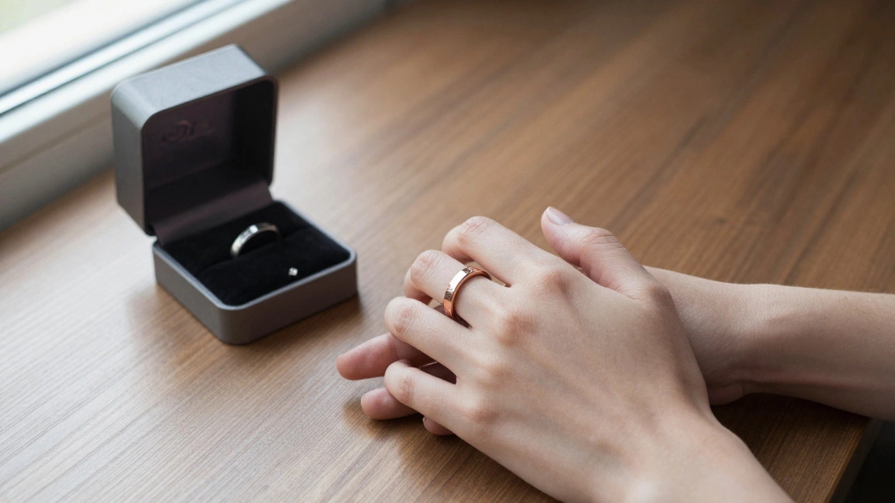 Two wedding rings rest together on wood, one rose gold and one platinum, with a jewelry box nearby.