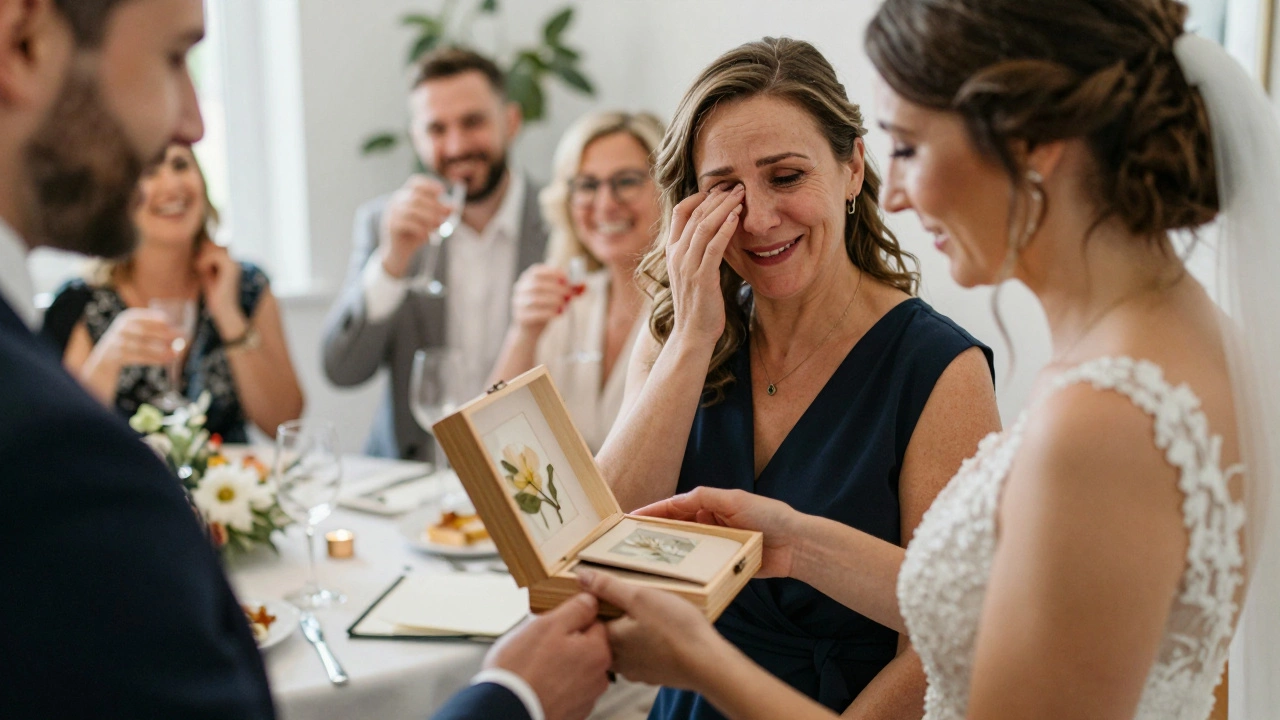 A bride opening a simple wooden box from her future mother-in-law during a quiet rehearsal dinner moment.