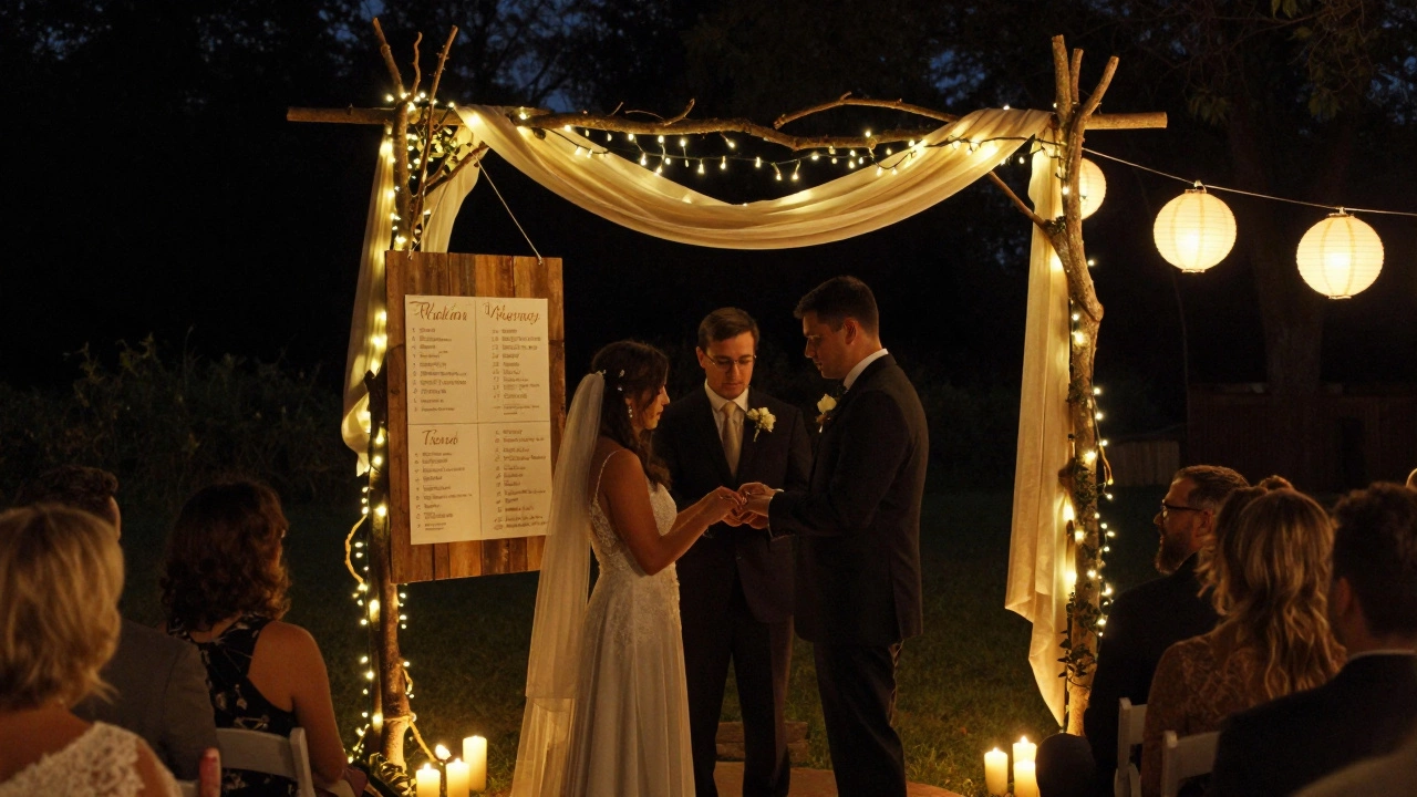 A candlelit wedding arch made of natural branches and string lights, with handmade signage, as the couple exchanges vows.