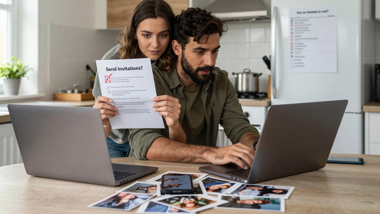 A couple in a kitchen, one holding an invitation, as a phone displays a text asking if they're invited.