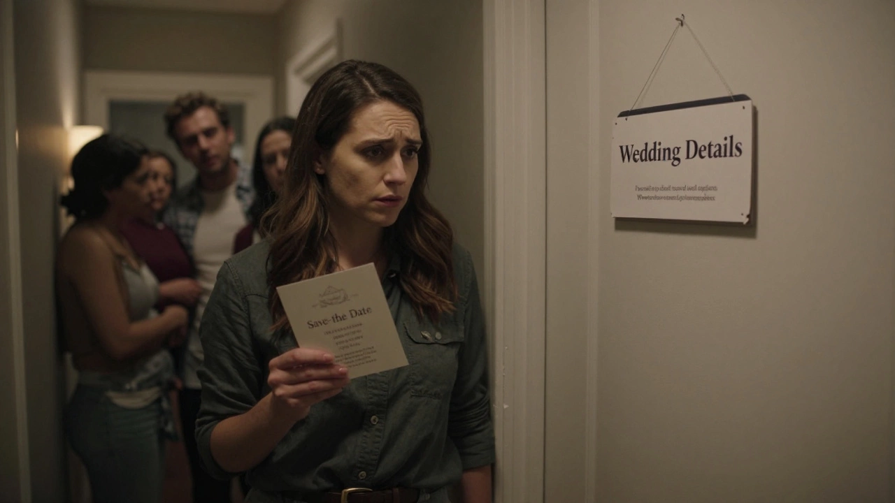 A guest holding a save-the-date card in a dim hallway, staring at a closed door with a peeling website label.