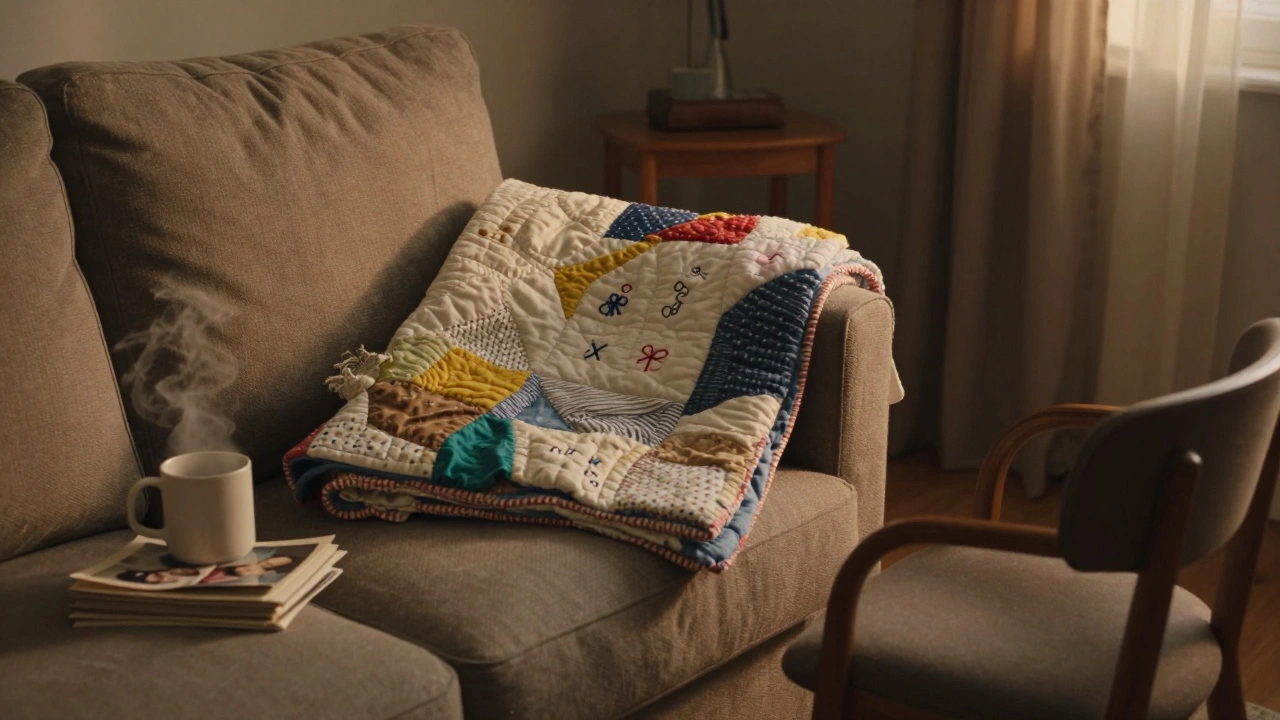 A handmade quilt folded on an armchair with family photos and a mug, bathed in golden evening light.