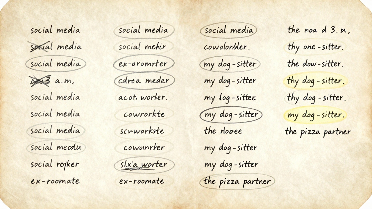 A handwritten guest list with 28 names circled, surrounded by faded, crossed-out names labeled with relationships like 'social media' and 'coworker.'