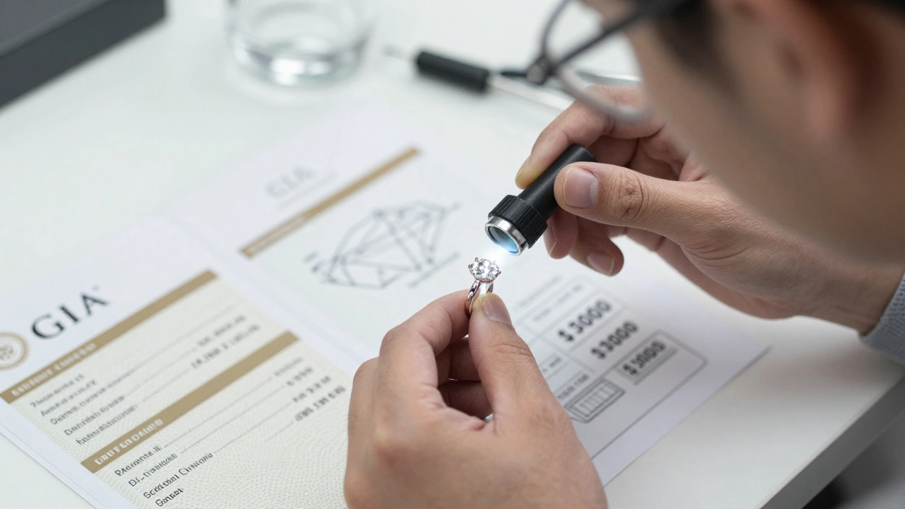 A lab-grown diamond ring being inspected by a jeweler with certification papers.