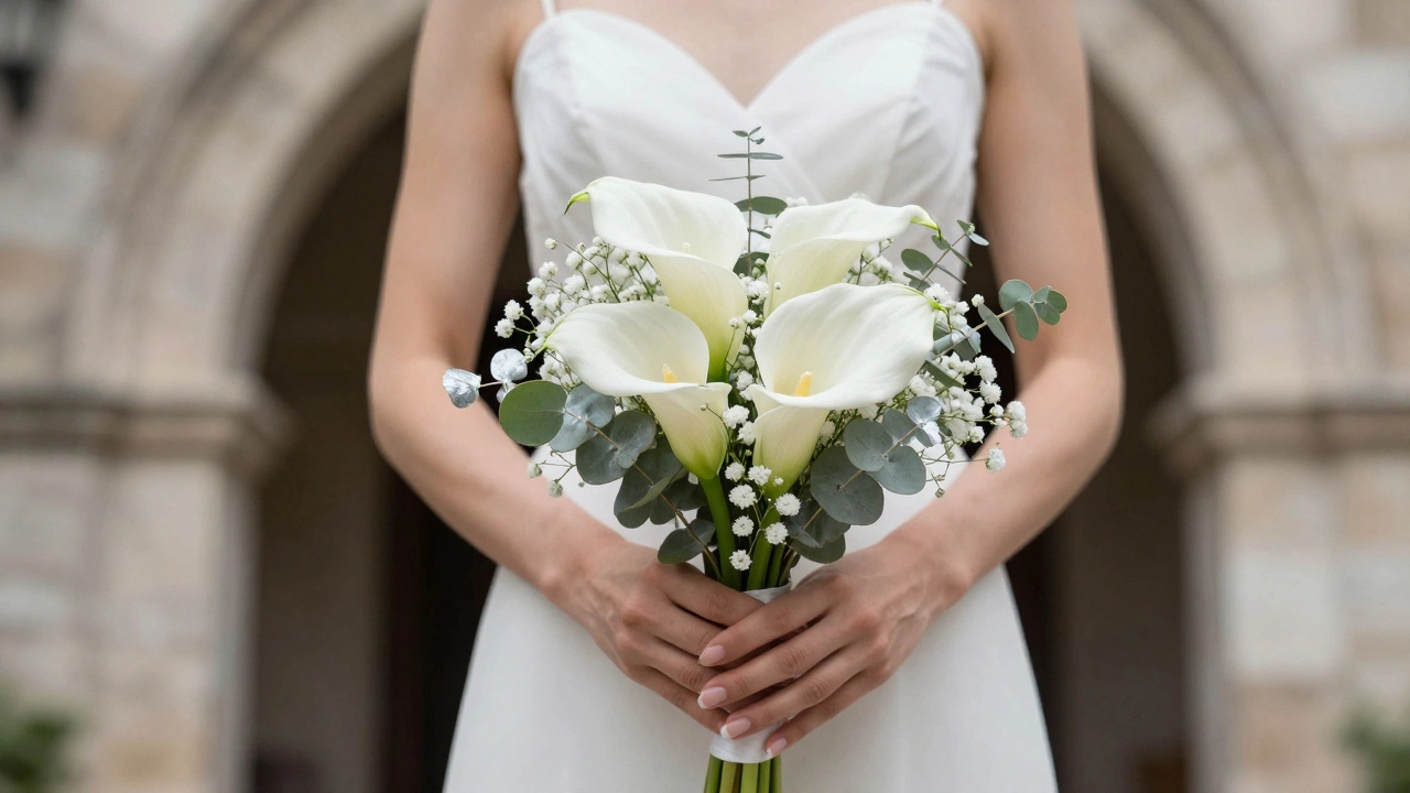 A minimalist bouquet of white calla lilies and silver eucalyptus held by a bride's hands.