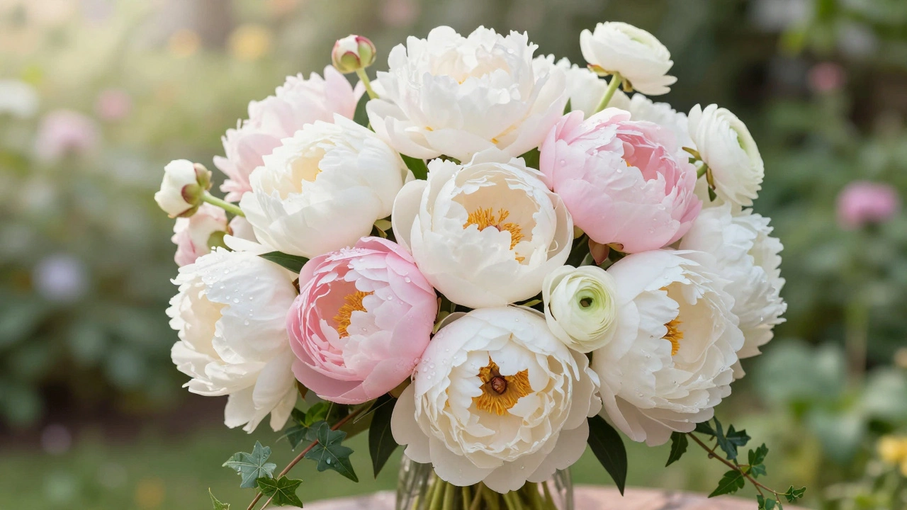 A romantic bouquet of peonies and ranunculus with trailing ivy under soft morning light.