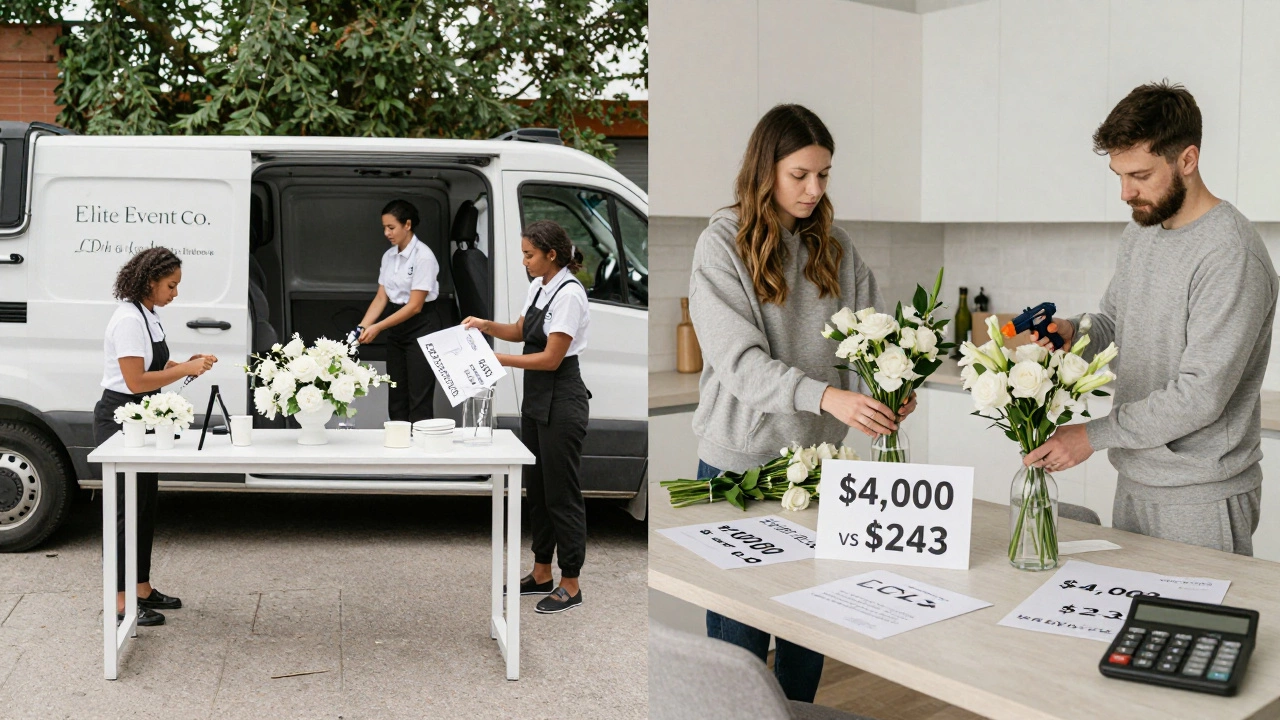 A side-by-side scene showing a professional wedding decorator's setup versus a couple DIYing decor at home with bulk supplies.