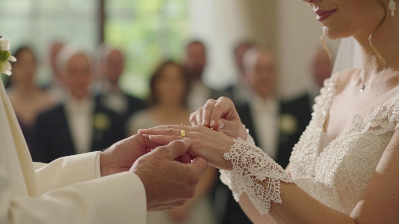 Bride sliding a gold wedding band onto partner's finger during vows.