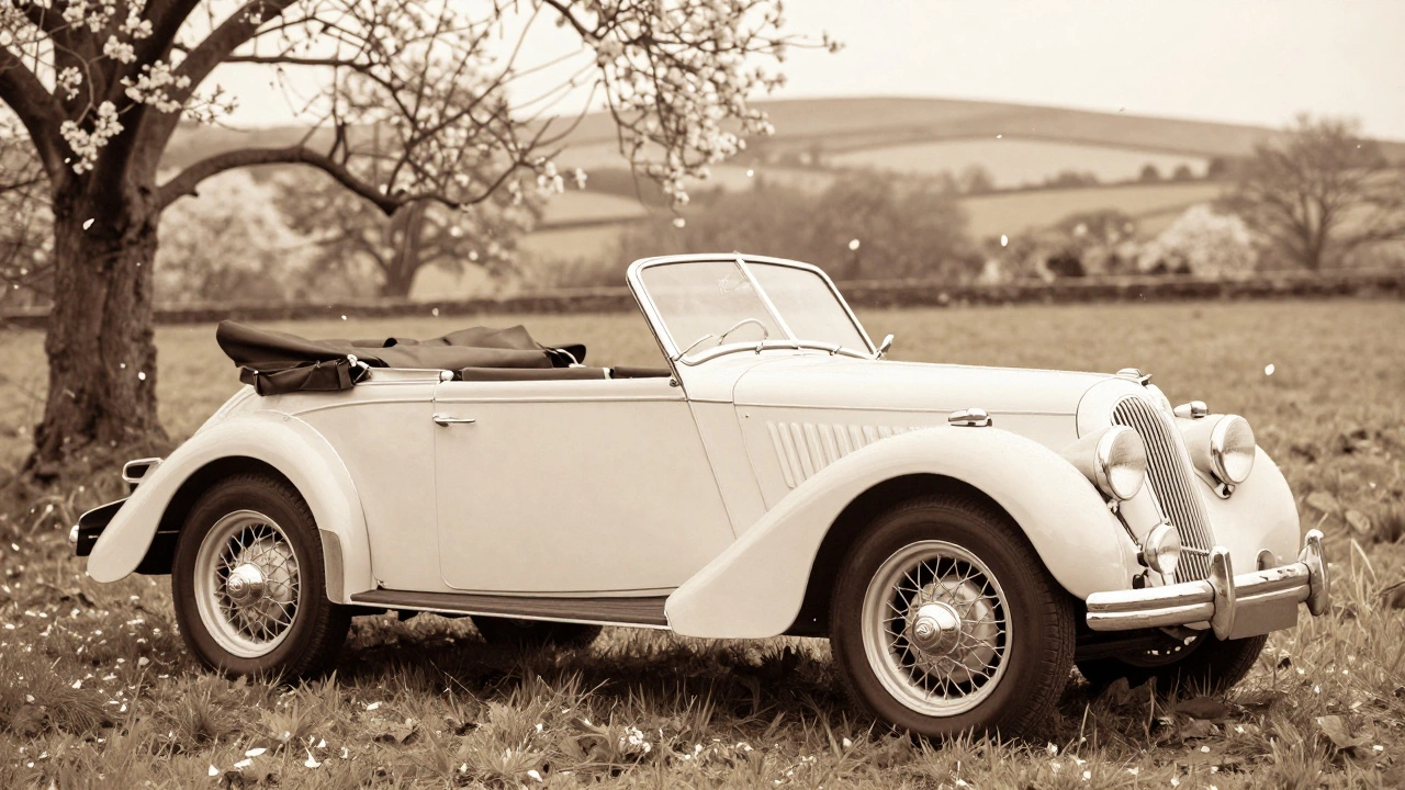 Classic vintage convertible sports car parked in spring garden setting