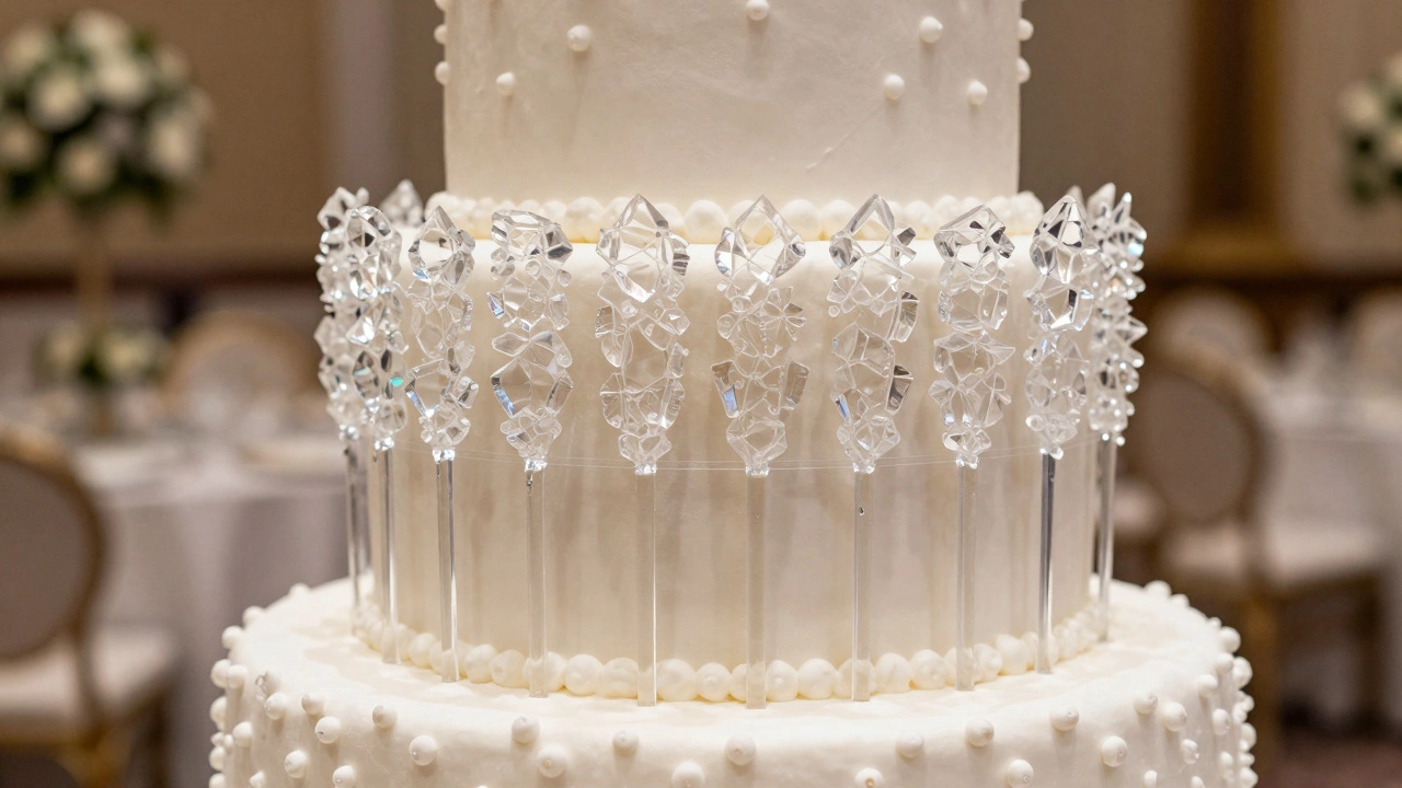 Clear sugar glass decorations on top tier of wedding cake.