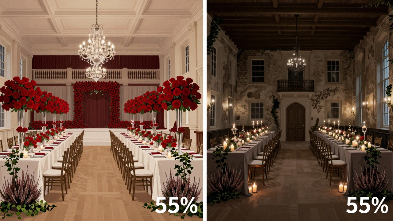 Contrasting scene of a crowded summer wedding versus a quiet winter weekday wedding showing cost difference.