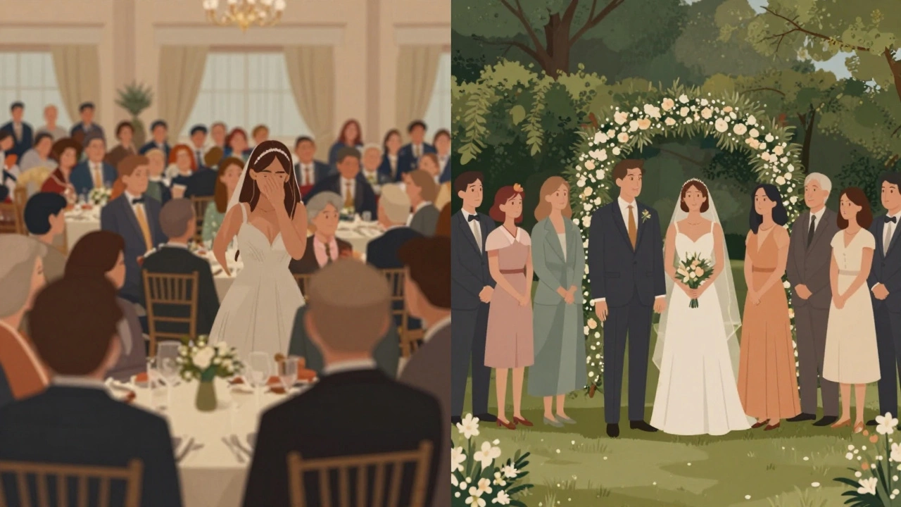 Contrasting scenes: a crowded, overwhelming wedding on one side, a quiet, personal ceremony with close loved ones on the other.