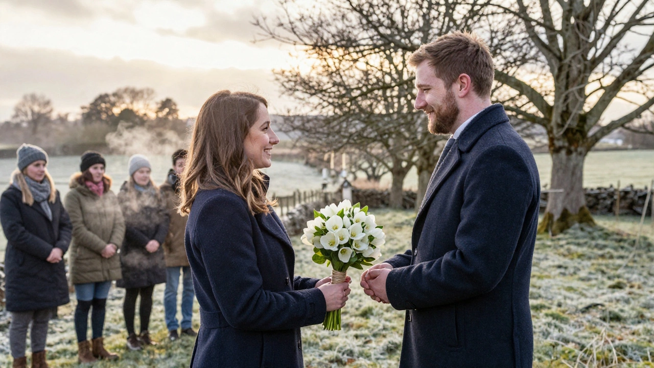 Couple in navy coats exchanging vows outdoors in frosty Ireland with a single white hellebore bouquet.
