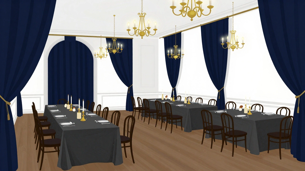 Elegant ballroom with navy, gold, and charcoal wedding accents under chandeliers.