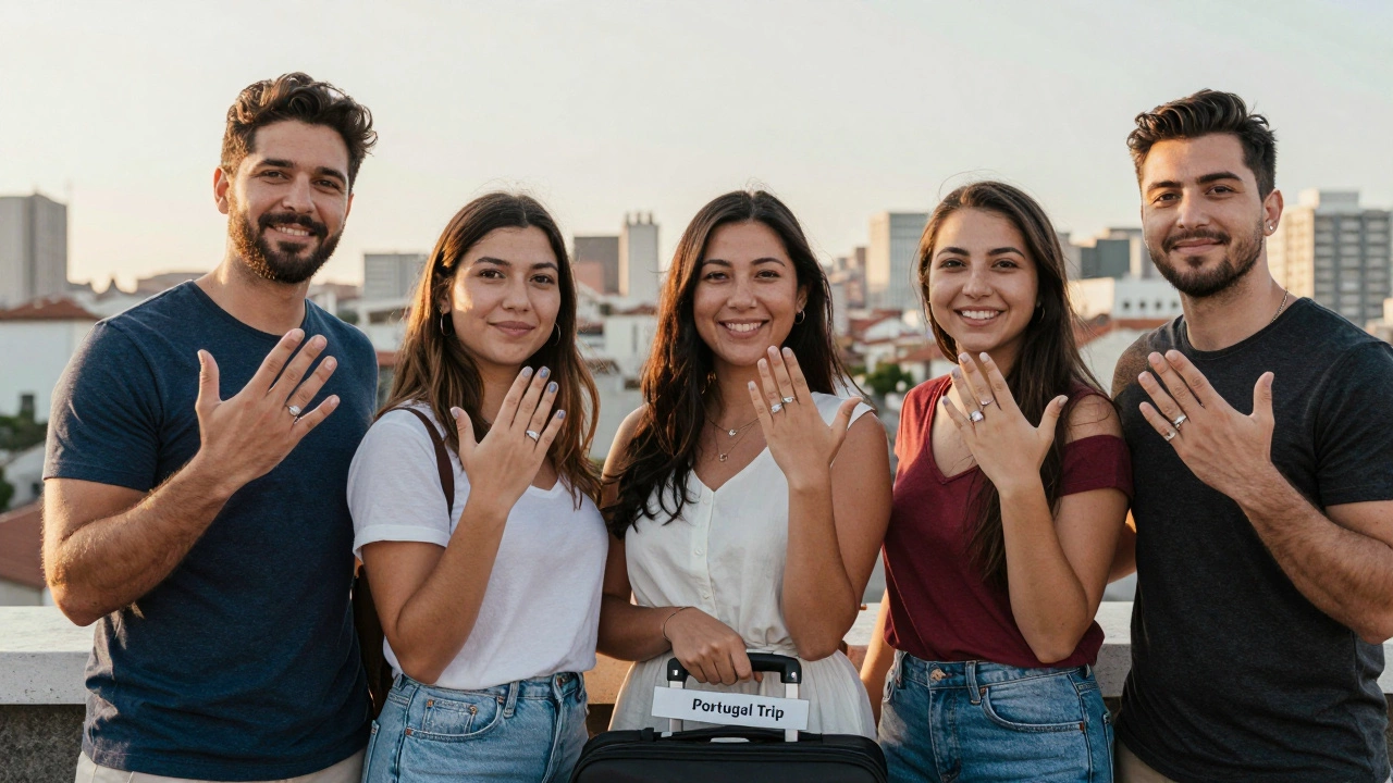 Five couples smiling together, each wearing affordable yet beautiful engagement rings.
