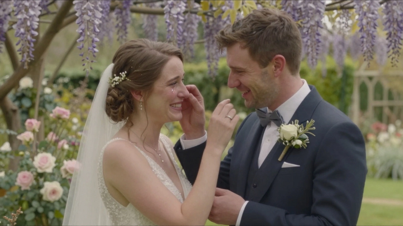 Happy couple smiling and wiping tears after their ring exchange ceremony.