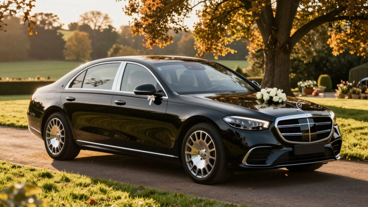Mercedes S-Class wedding car with flowers on door handles outside home