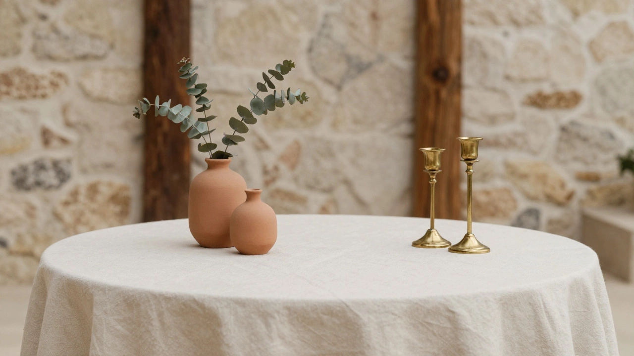 Minimalist table with cream, terracotta, and brass decor against wooden walls.