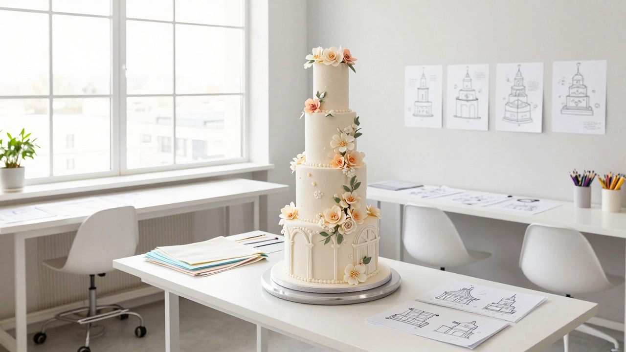 Multi-tiered wedding cake displayed in private design studio.