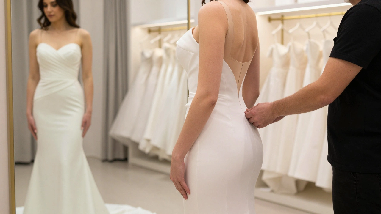 A bride in a mermaid wedding dress checking her silhouette in a boutique mirror.