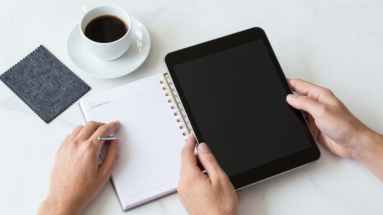 A couple jointly planning their wedding budget with a tuxedo fabric swatch