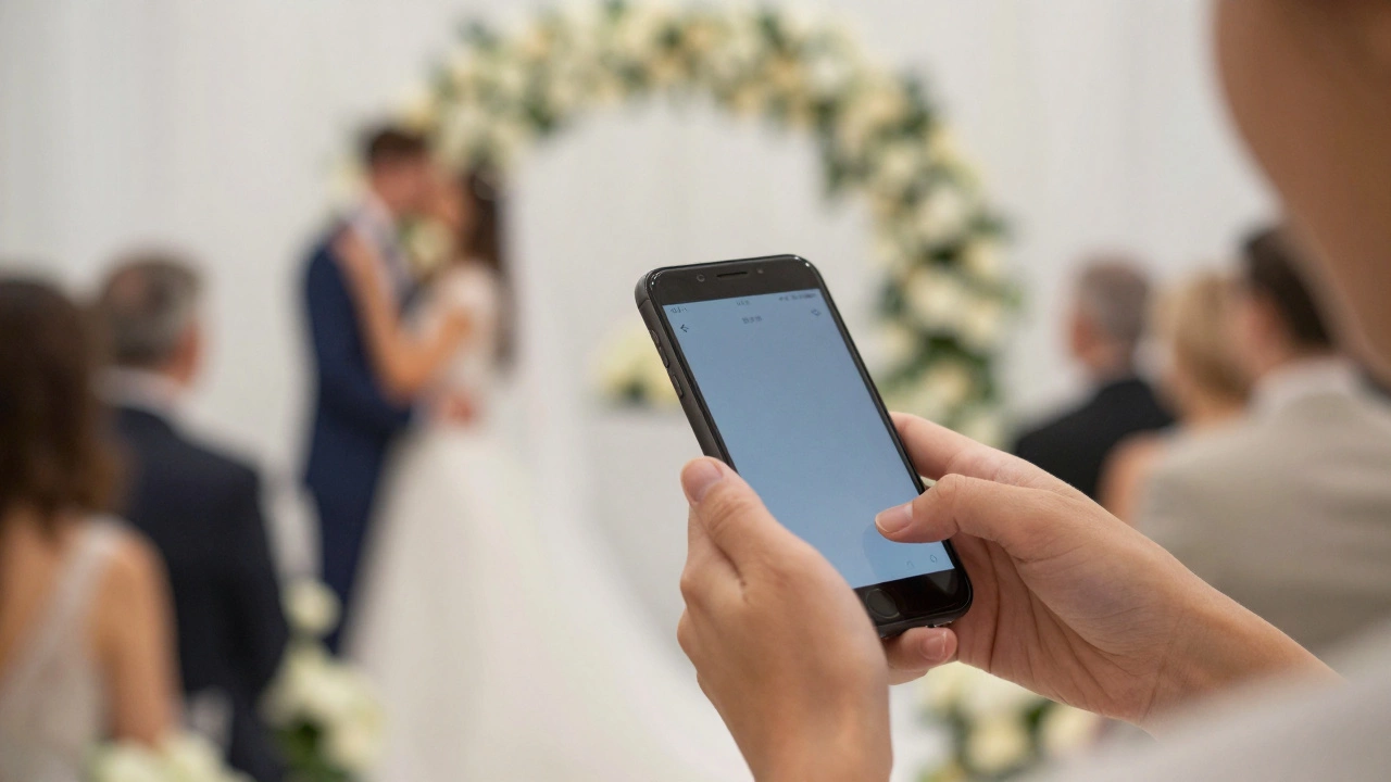 A guest putting their phone away during a romantic wedding ceremony
