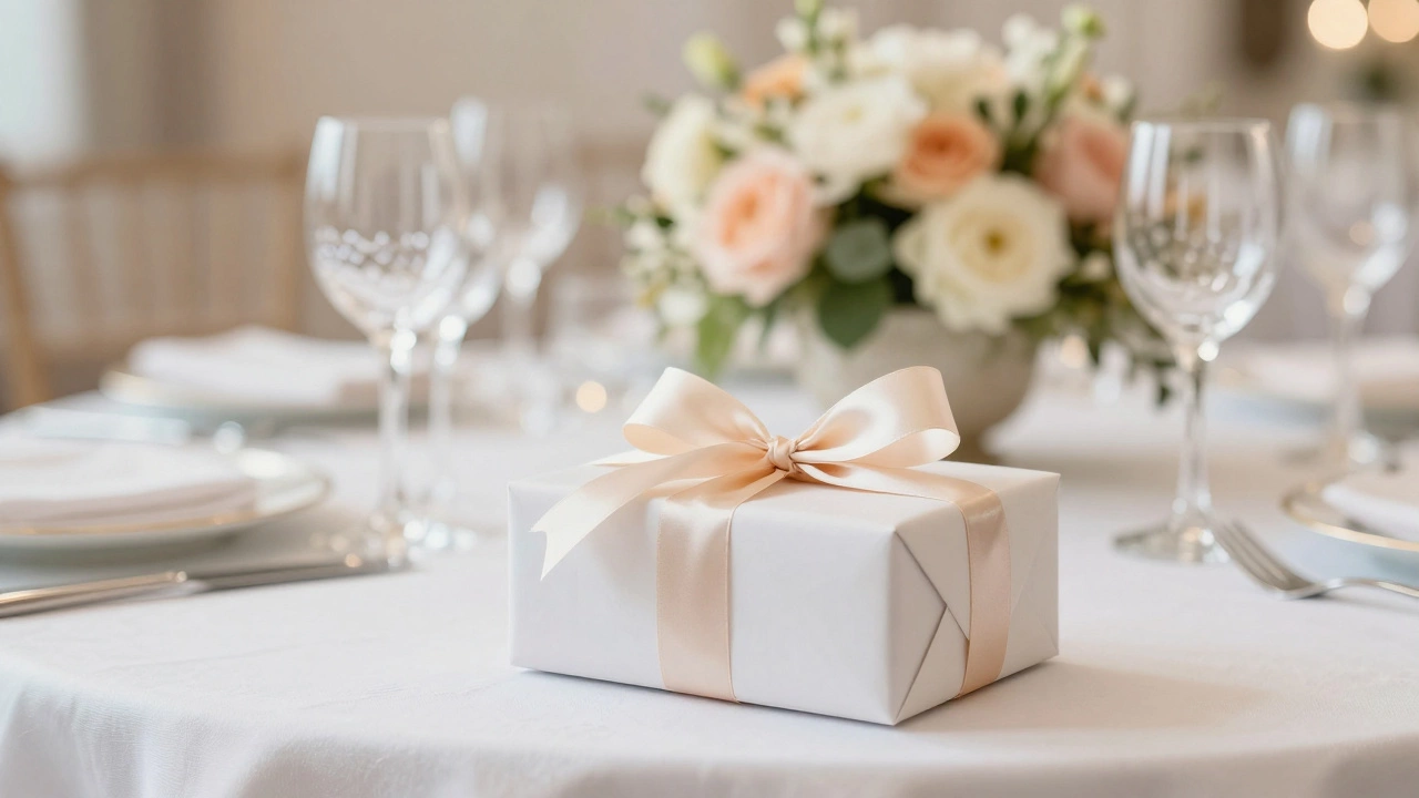 A luxury wrapped gift box on a white tablecloth with a blurred wedding reception in the background.