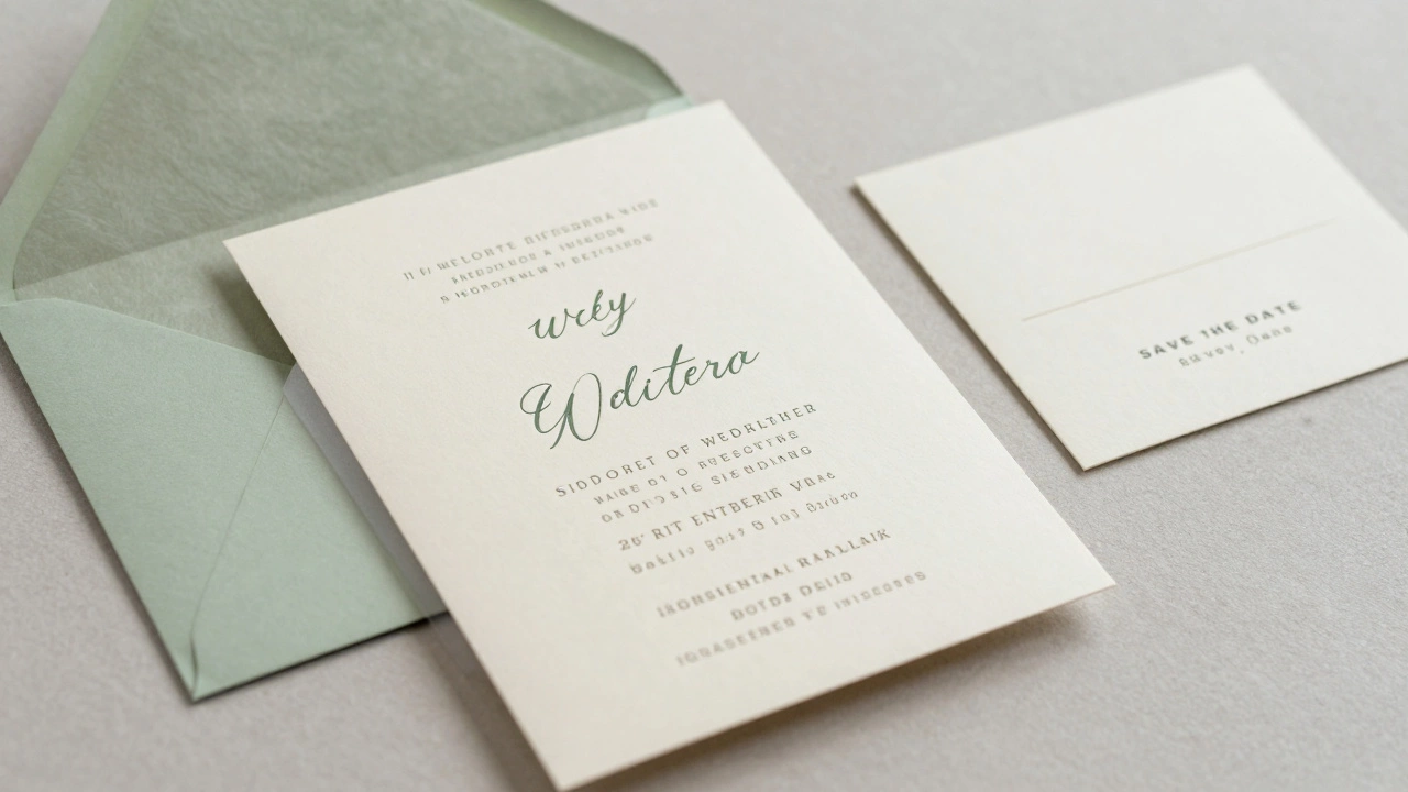 A semi-custom wedding invitation suite with a frosted vellum overlay and heavy cream paper