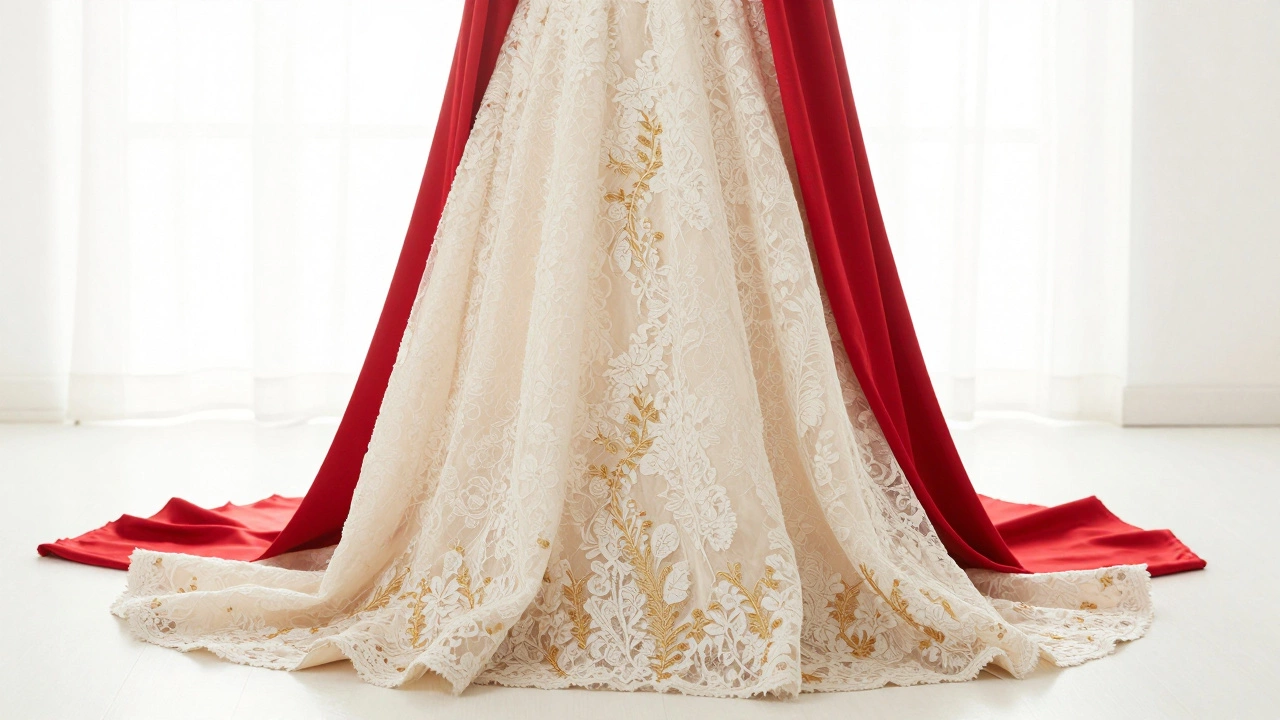 A white lace wedding dress with elegant gold and red accents
