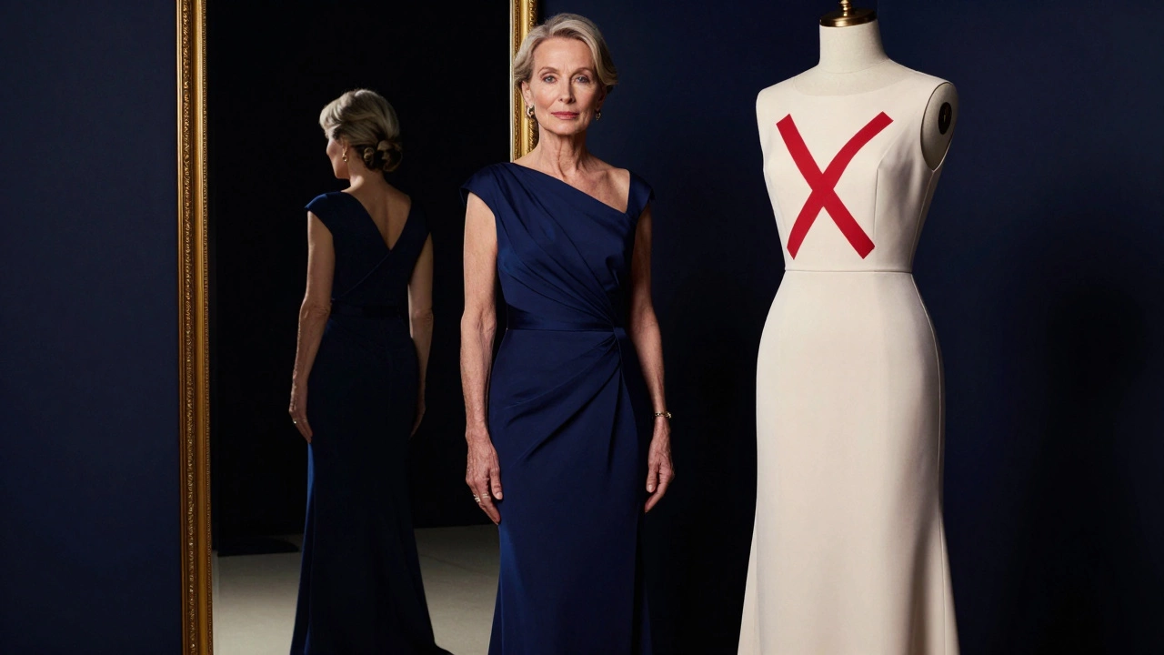 A woman wearing an elegant navy blue gown standing next to a cream-colored dress.