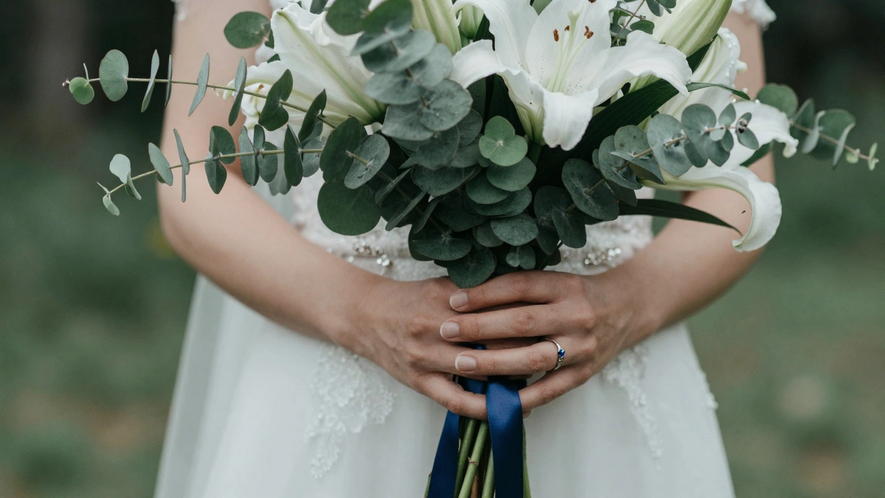 Close-up of a wedding bouquet with green eucalyptus and a touch of blue