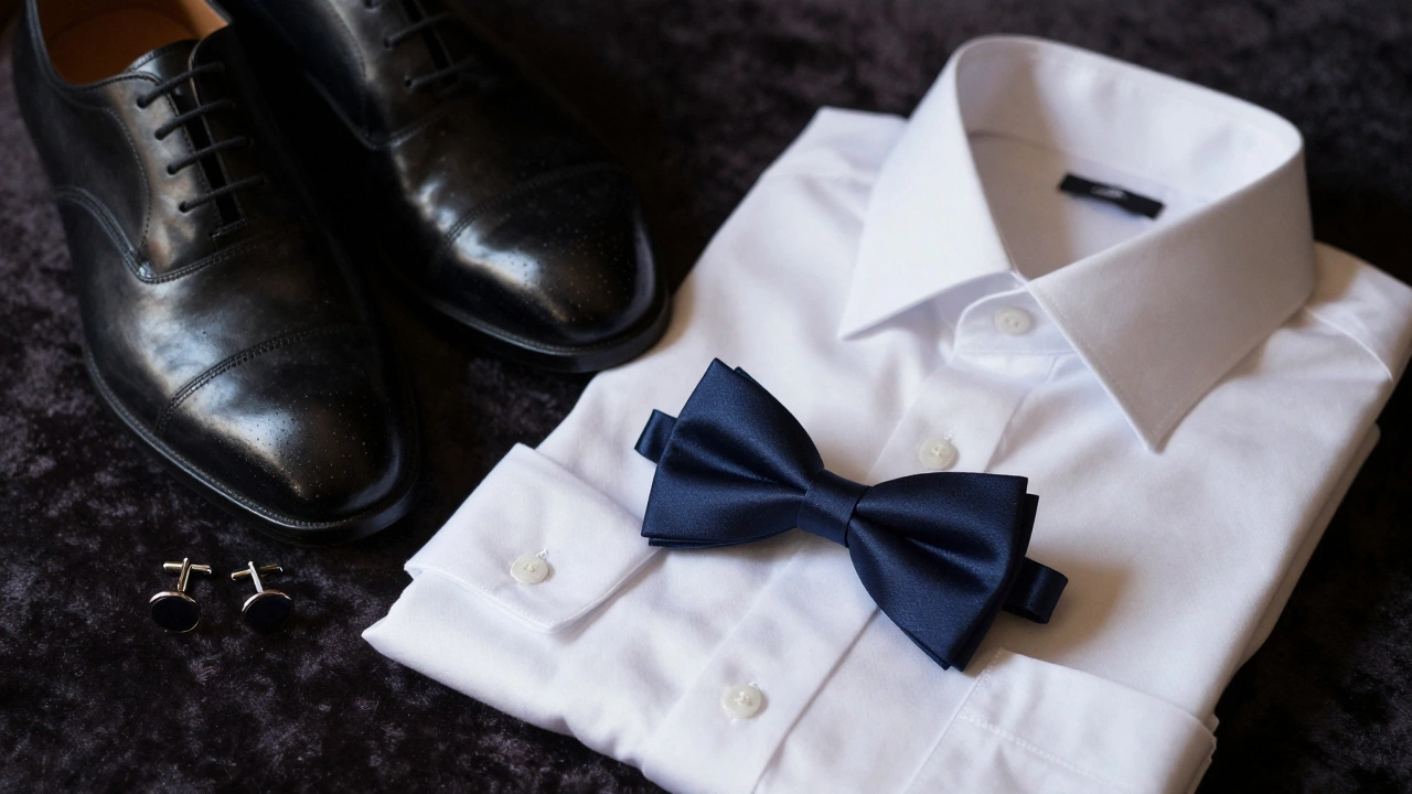 Close-up of polished wedding shoes, cufflinks, and a silk bowtie on velvet