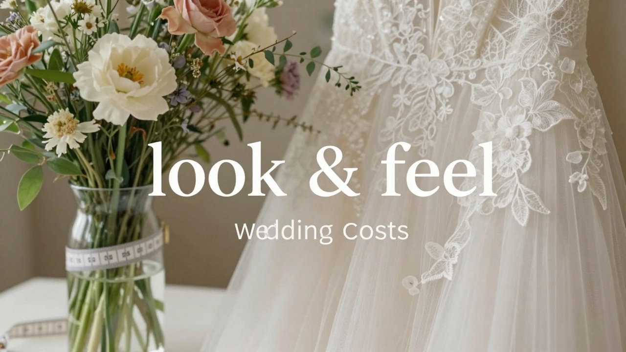 Close-up of seasonal flowers and wedding dress fabric with a tailor's measuring tape.