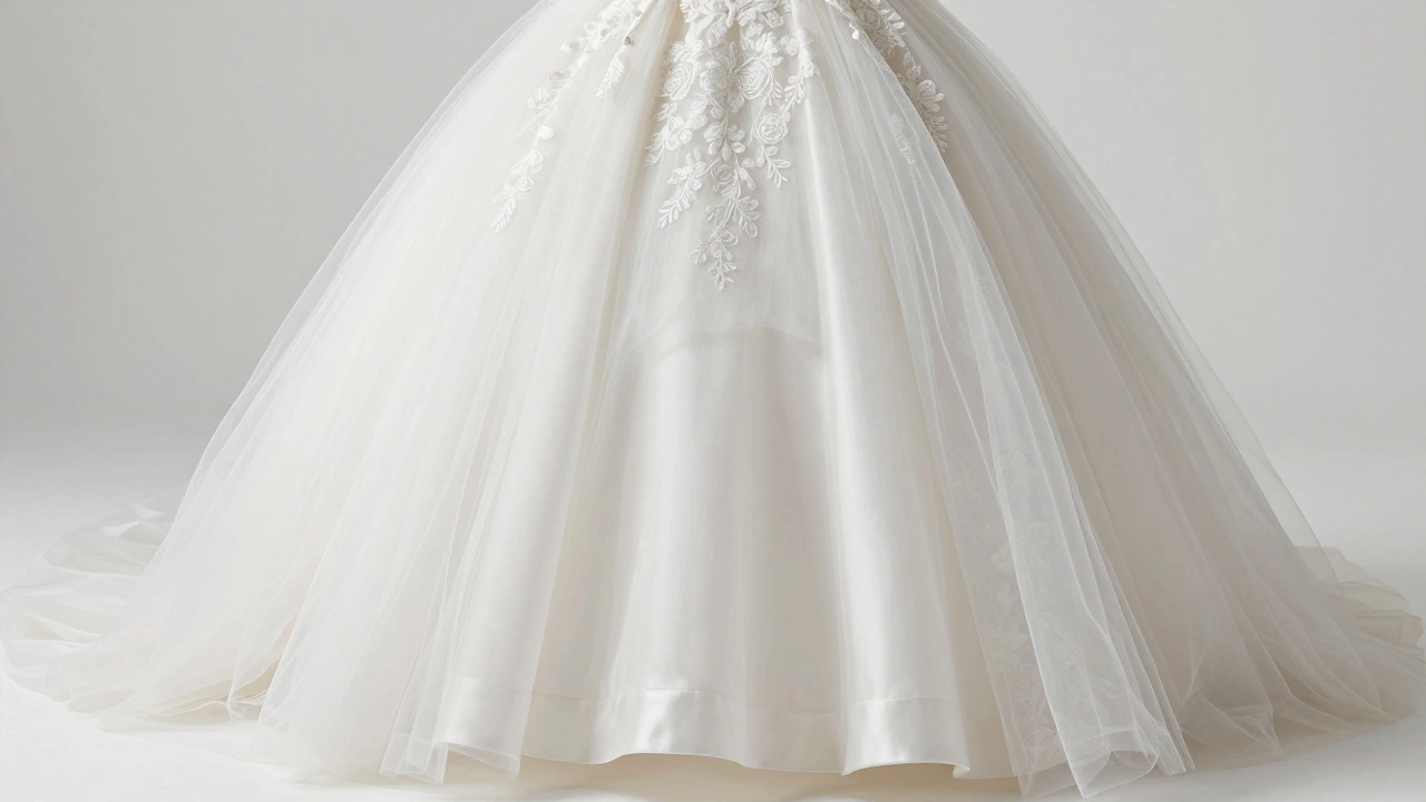 Detailed view of a tiered tulle crinoline providing volume under a white wedding gown.